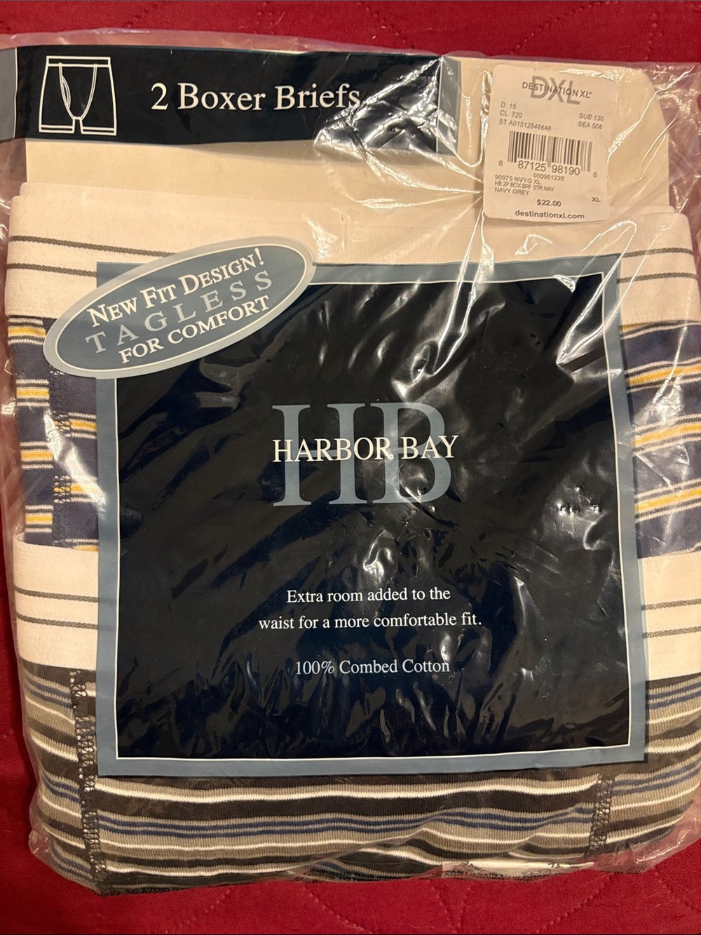 XL Harbor Bay Striped Boxer Briefs – White, Navy, Gray, Tan – 2 Pack